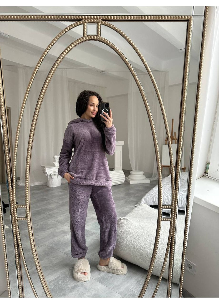 Сиреневая зимняя женский домашний костюм с махрой: худые + джогеры туника + брюки MonCher