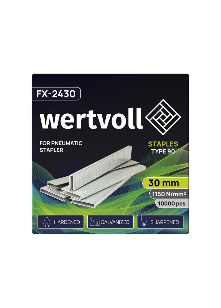 Скоби загартовані для пневмотеплера, тип 90 30 мм/5.8х1.25 мм, 10000 шт. Gray (FX-2430) Wertvoll (340910090)