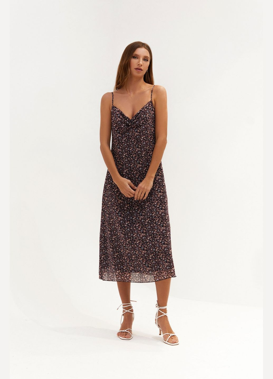 Черное платье шифоновое комбинация с завязкой меди цветы на черном Vovk с цветочным принтом