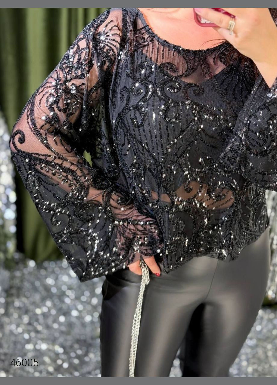 Чорна напівпрозора блуза з вишивкою паєтками Liton