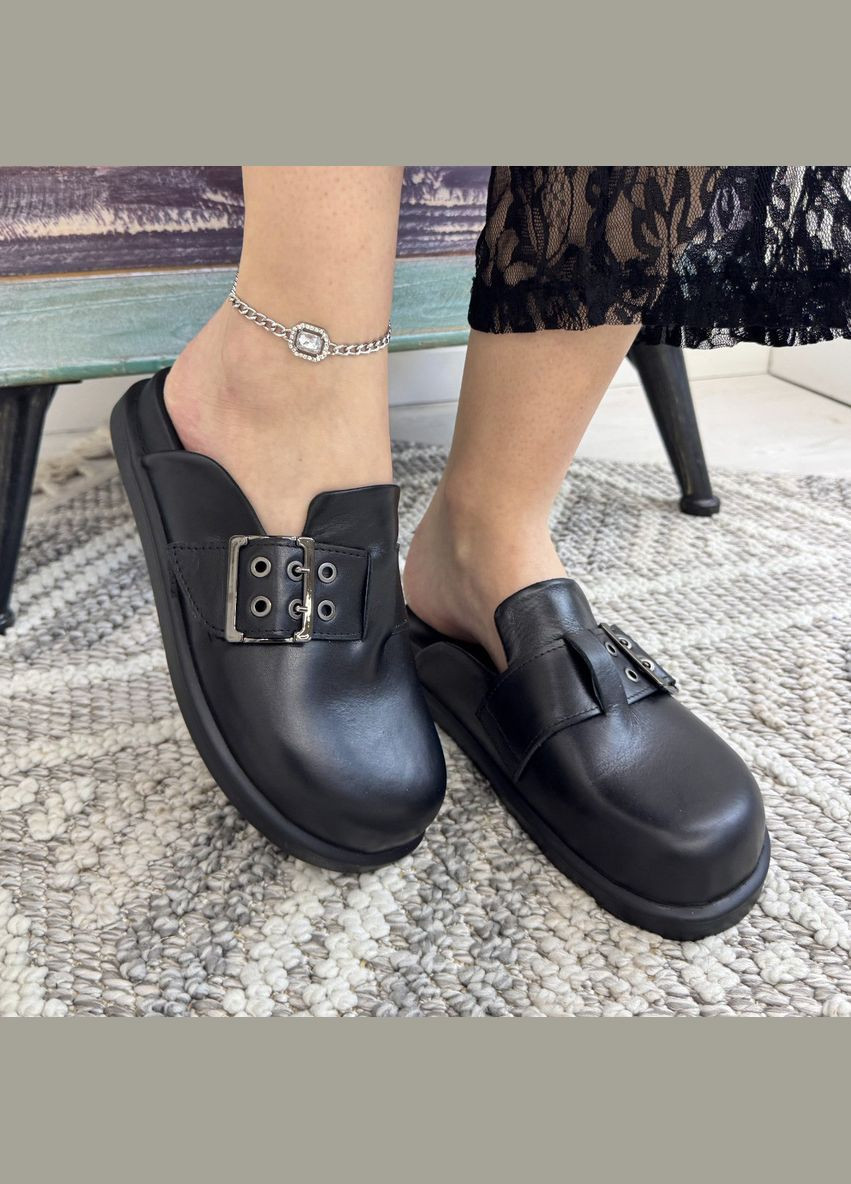 Черные сабо клоги женские кожаные, декорированы ремешком.. 39 размер Vasha para