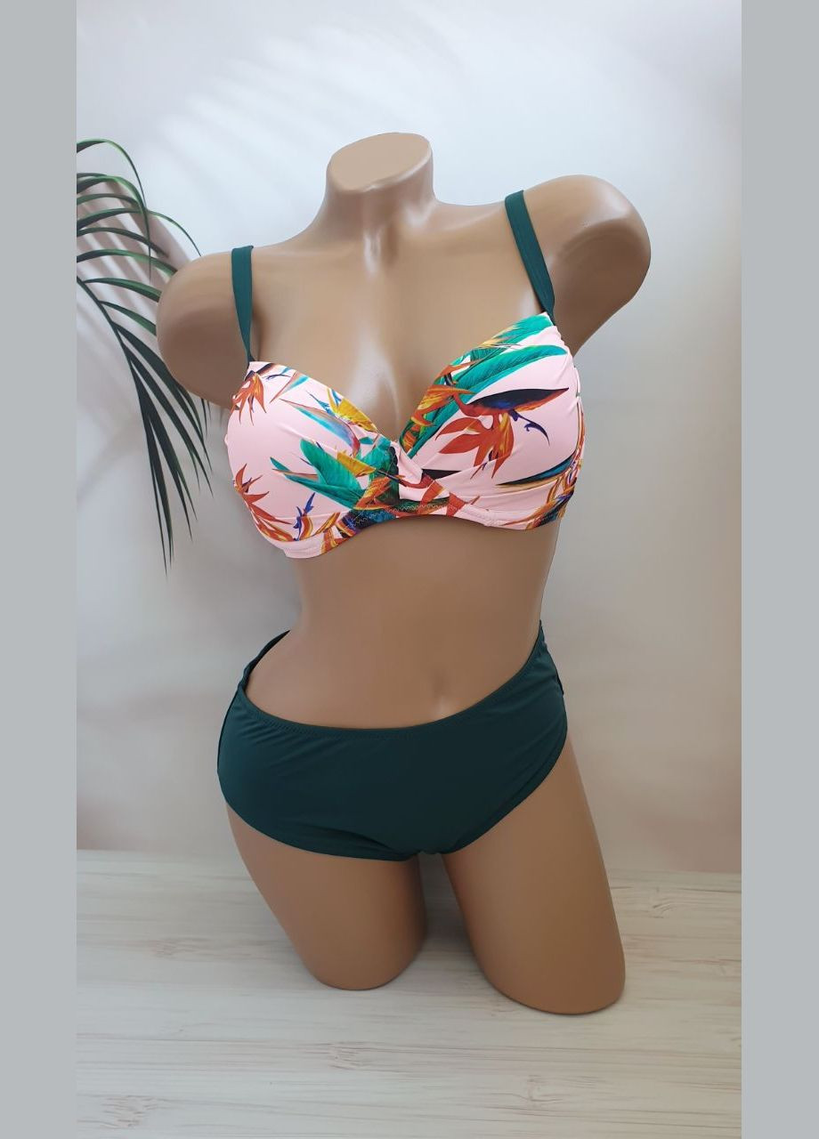 Розовый летний женский раздельный купальник с цветочным принтом раздельный No Brand