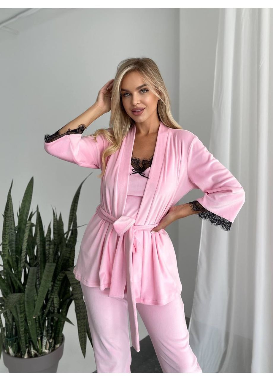 Рожева всесезон піжама 1677 комплект трійка трикотаж велюр штани,майка,халат Україна