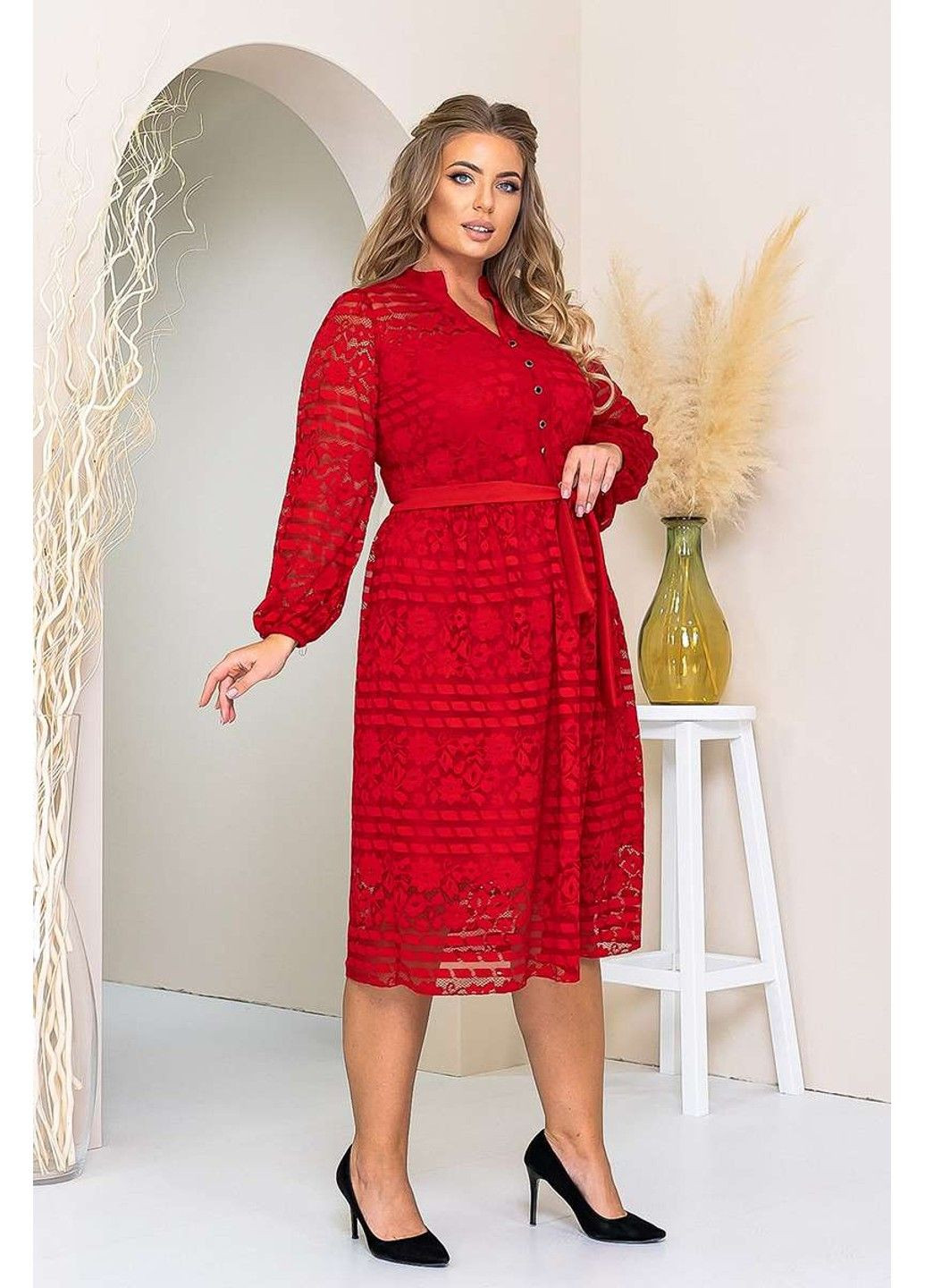 Красное коктейльное платье ажурный гипюр 21124 красное Tanita-Romario