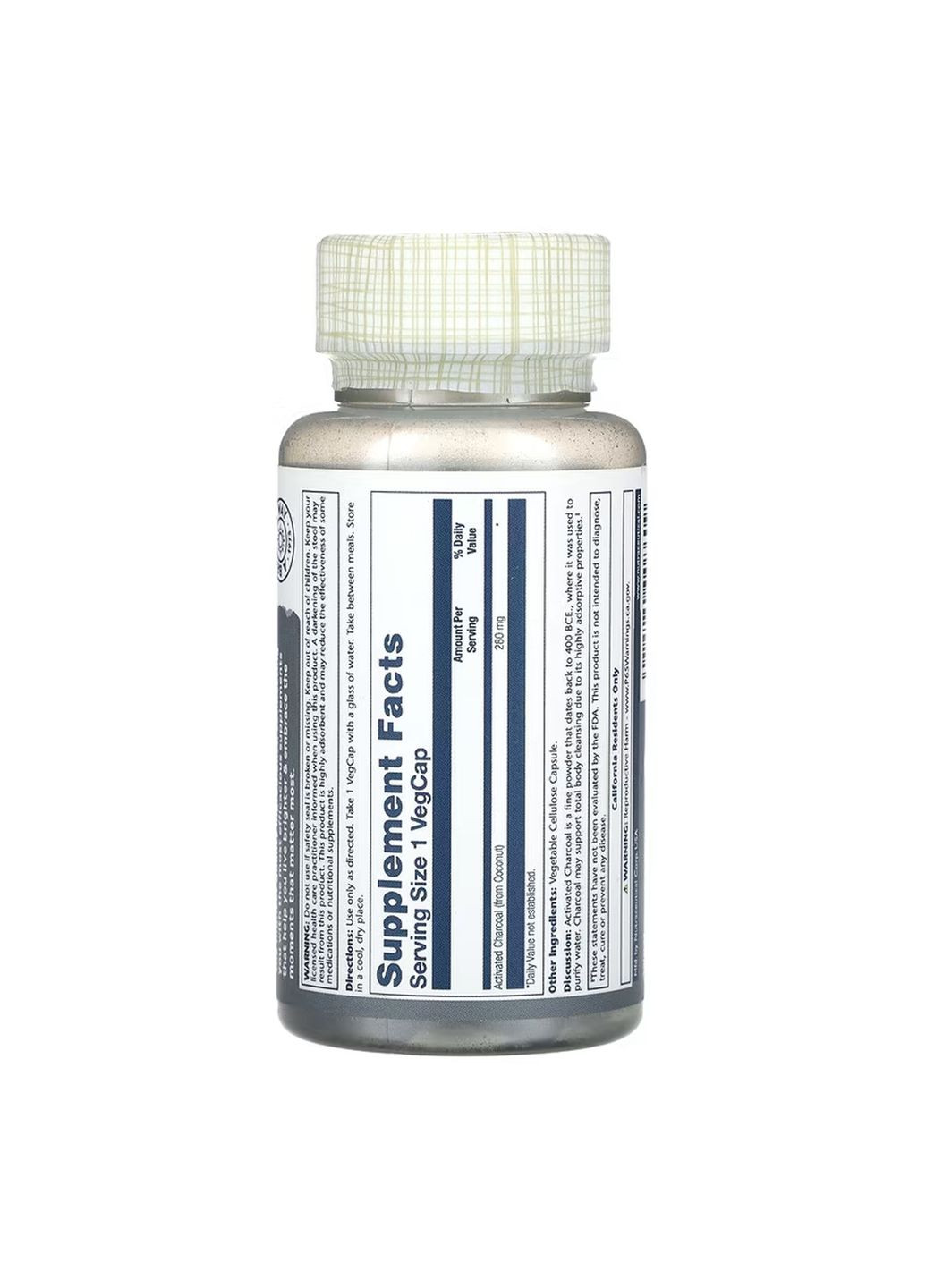 Активированный уголь из кокосовой скорлупы 280мг 90 капсул для детокса и поддержки пищеварения очищение организма Solaray (368990617)