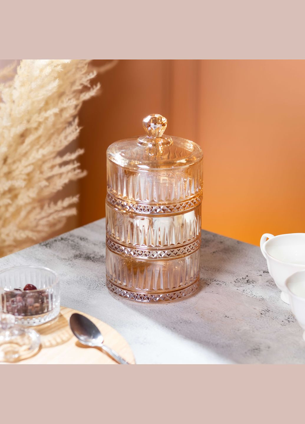 Цукерниця трирівнева з кришкою скляна ребриста, Yiwu (324069791)