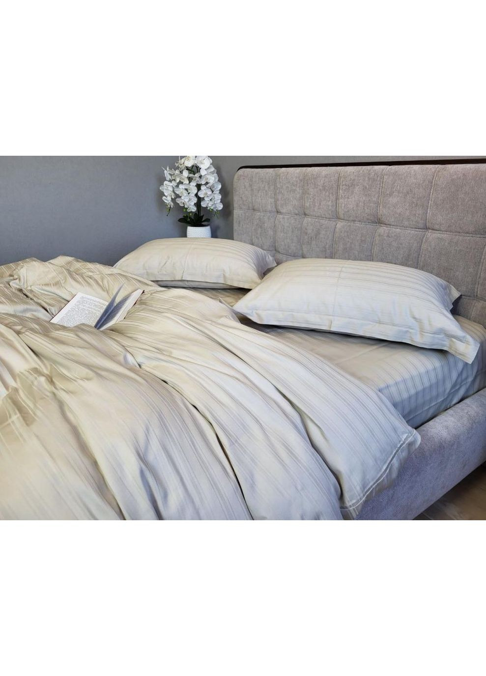 Постільна білизна Мульти страйп сатин беж, PREMIUM Евро розмір, наволочки 50/70 No Brand (363191769)
