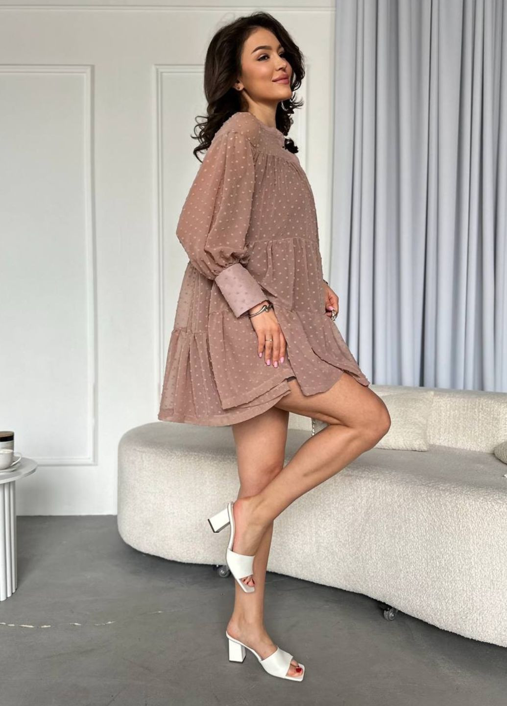 Кавова повсякденний сукня міні з двох частин: нижня сукня-майка та верхня об'ємна Tik-Tak однотонна