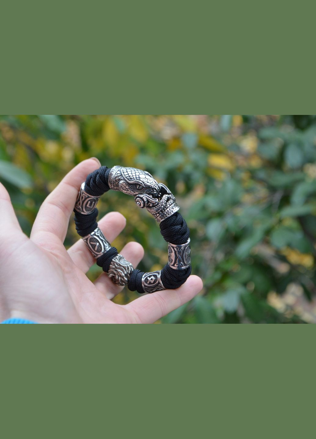 Браслет с Змеей, Львом из белой бронзы и Рунами из нержавеющей стали и из паракорда + брелок в подарок No Brand (341738672)