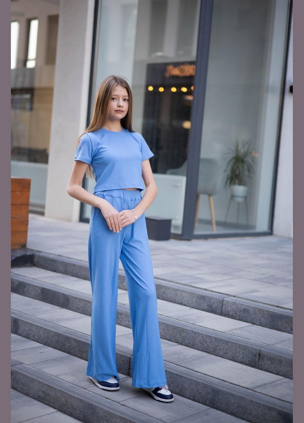 Блакитний літній к-м рубчик "палаццо+топ" брючний IRmAS
