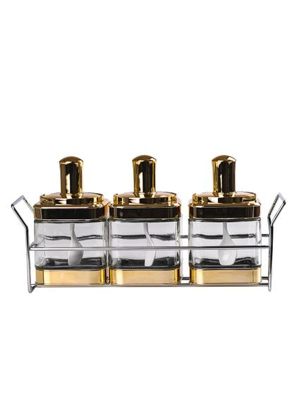 Набір скляних банок для сипучих продуктів 3 шт на металевій підставці золотисті для кухні ProDobro (364191958)