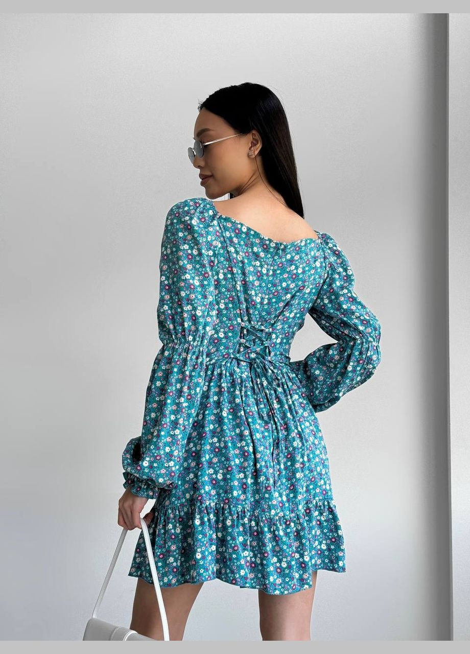 Мятное красивое летнее платье в цветочном принте из качественного штапеля, короткое платье с длинным рукавом и открытым декольте No Brand