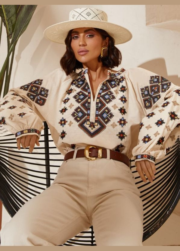 Бежева жіноча вишиванка бавовняна, рукав ліхтарик код нації, розміри s-3xl (42-54) бежева Po Fanu візерунок орнамент (330777560)