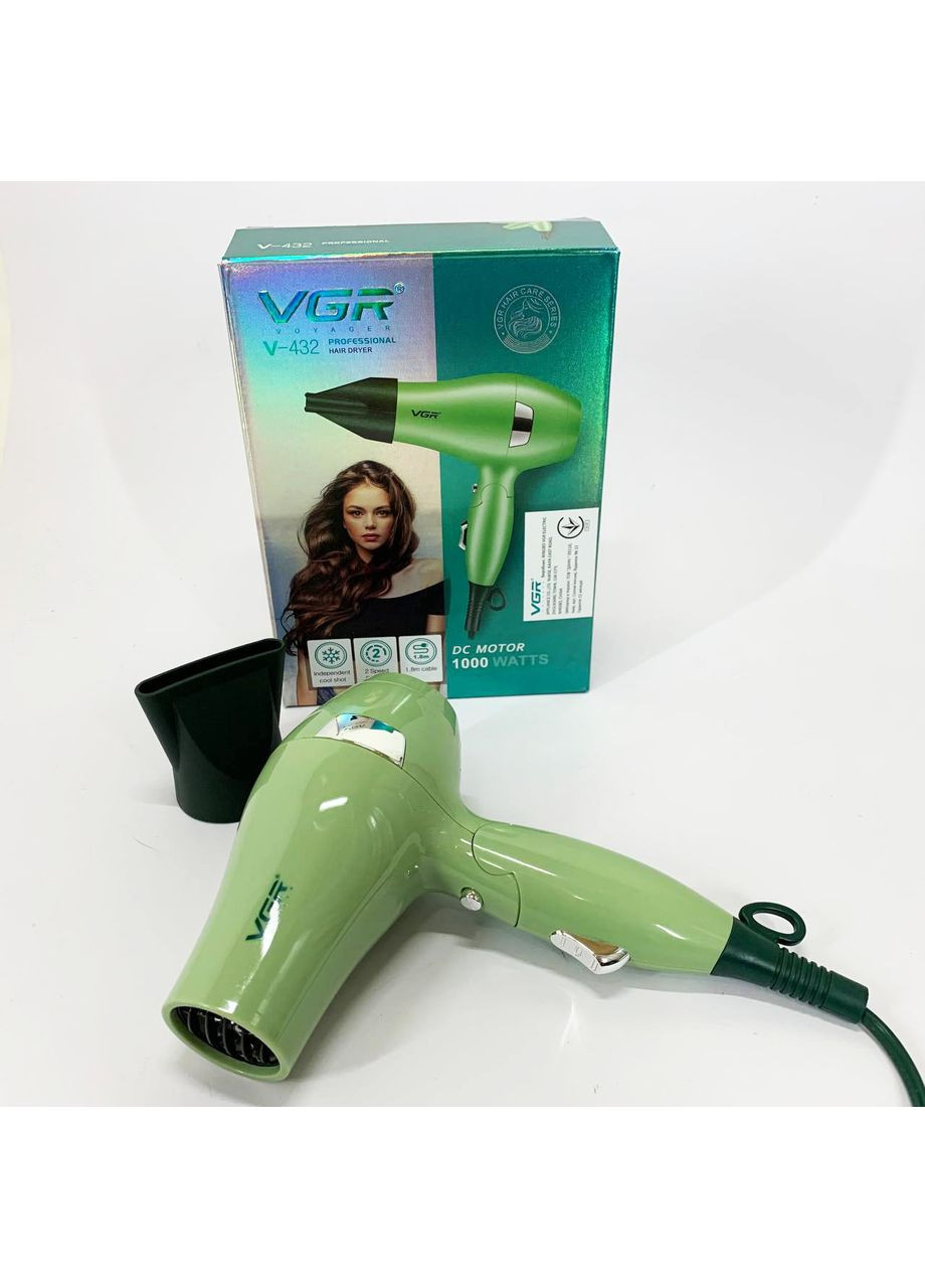 Фен для волосся дорожній V-432 GREEN, з концентратором 1000 Вт, іонізація та 2 режими. Колір: зелений VGR (364665415)