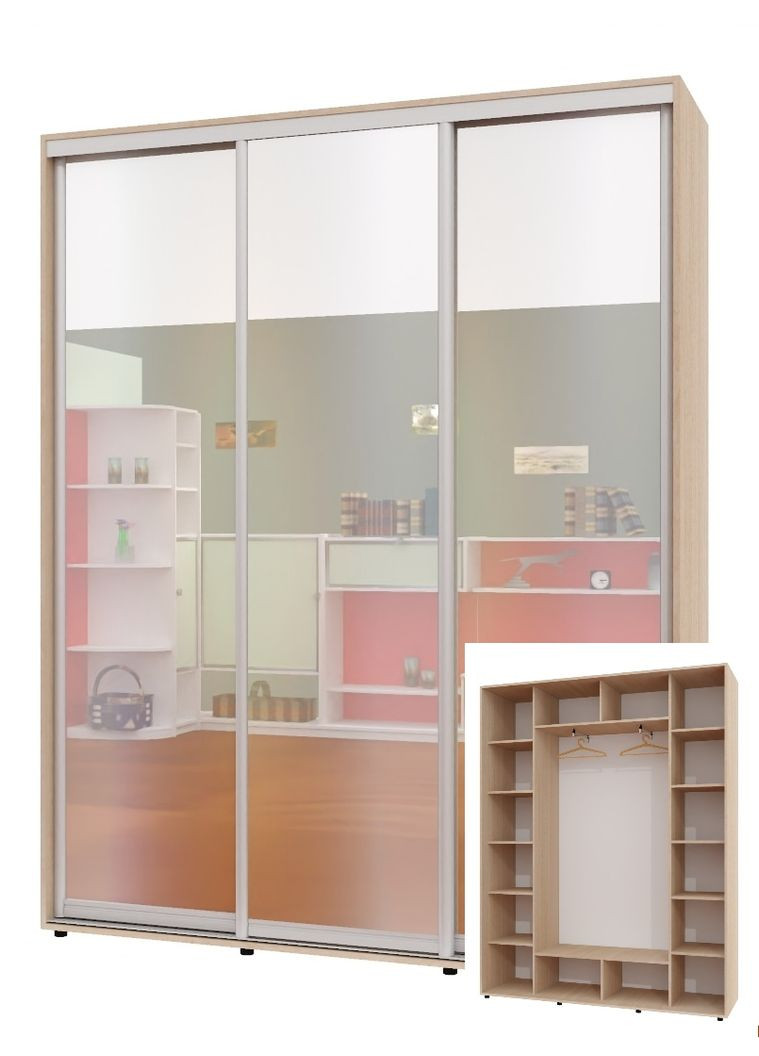 Шкаф-купе трехдверный 200*45*230 см Дуб молочный 3 двери Зеркало ШК-05 Алекса (360463035)
