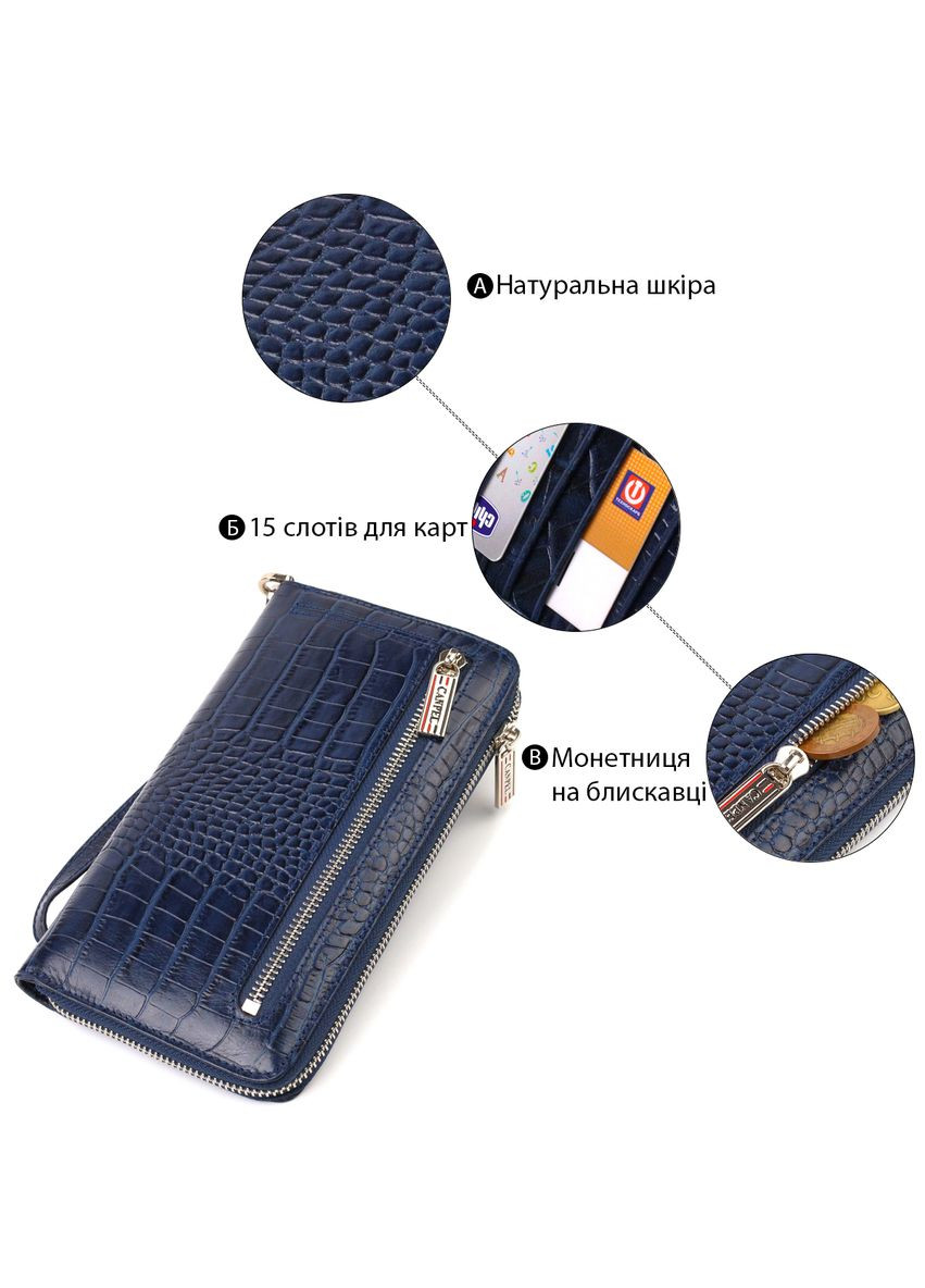 Зручний клатч для жінок із натуральної шкіри із тисненням під крокодила синій 21х12х2 см 21922 Canpellini (329195988)