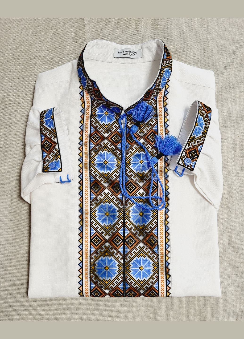 Комбінована чоловіча вишивана сорочка на домотканому полотні (вишиті вставки)"сонцесвіт" Hand Made візерунок українська символіка вільна, пряма бавовна, домоткане полотно (323658490)