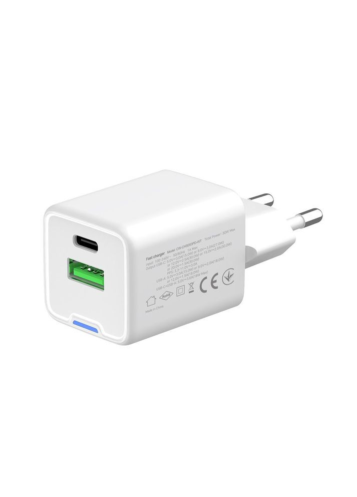 Мережевий зарядний пристрій GaN Mini 30W PD Port PPS USB (Type-C PD + USB QC4.0) White (CW-CHS053PD-WT) Colorway (372460728)