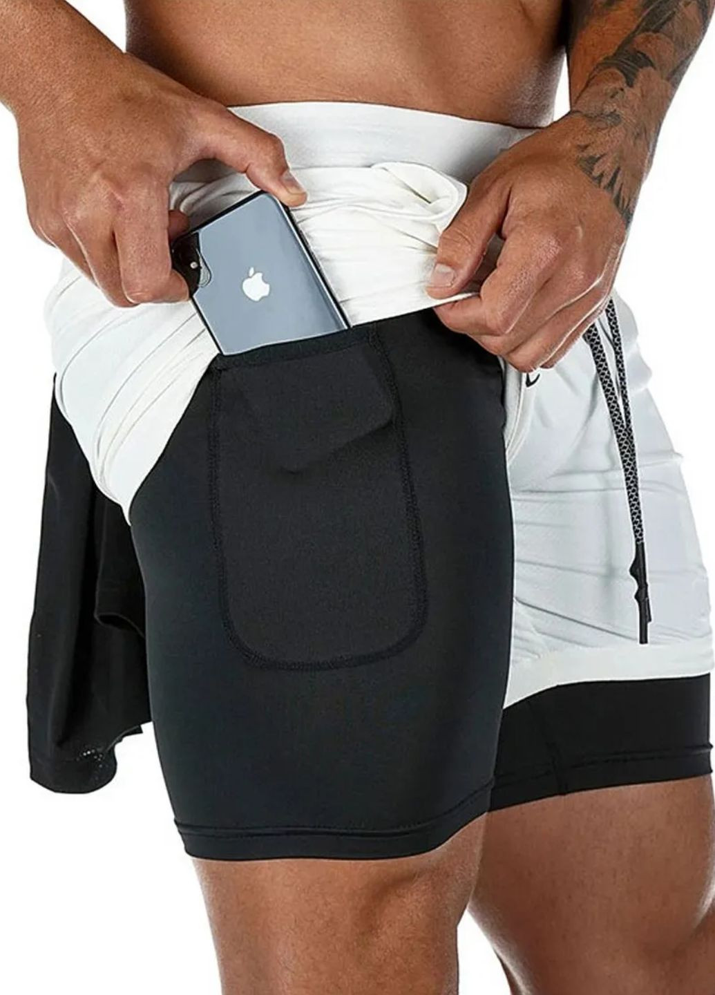 Спортивные шорты с компрессионной подкладкой бело-черные (100009) FitFiesta (336148507)