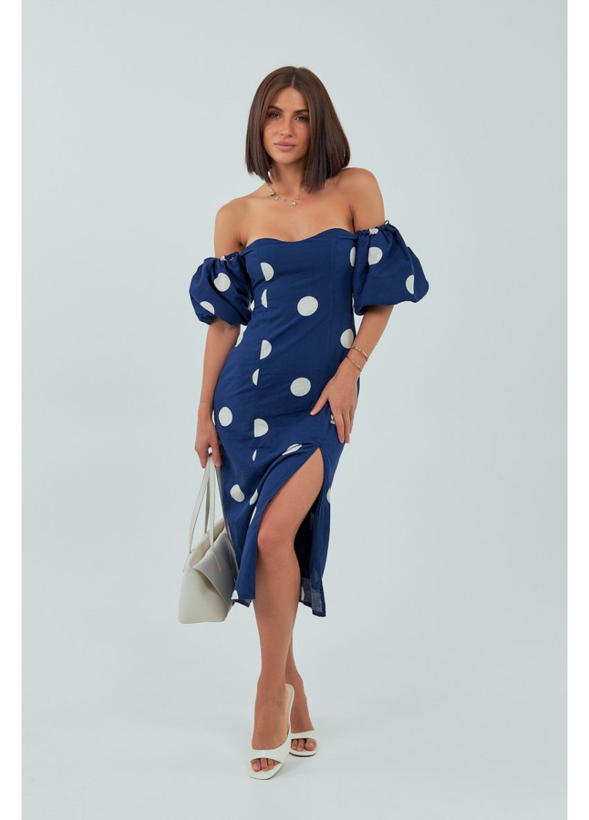 Світло-синя повсякденний сукня з відкритими плечима та розрізом Lurex в горошок