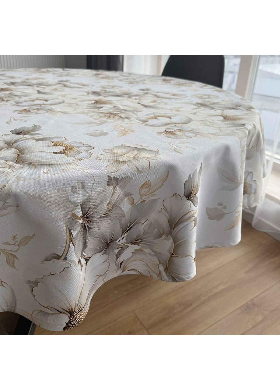 Кругла скатертина на стіл водовідштовхувальна біла бавовняна з тефлоновим покриттям Квіти Maystat (369505184)