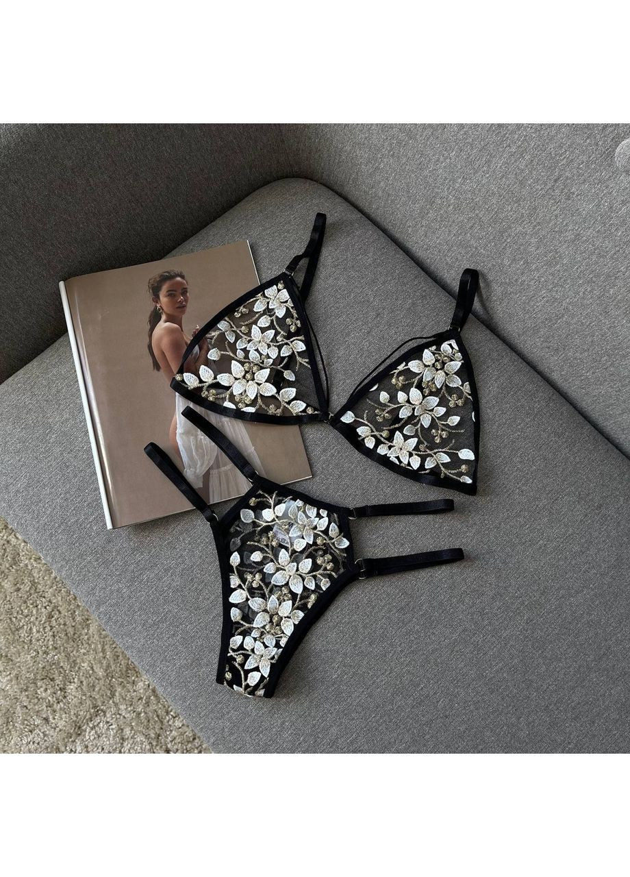 Чорний комплект білизни у сіточку трусики бразильяни набір з квітками No Brand Білизна жіноча