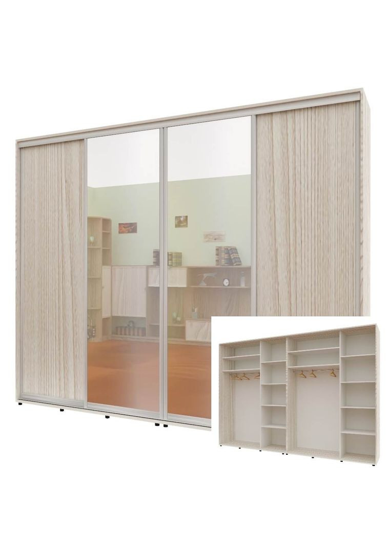 Шкаф-купе четырехдверный Комфорт Мебель 300*60*220 см Дуб Беленый ДСП + Зеркало + Зеркало + ДСП Стандарт Комфорт Меблі (360432904)