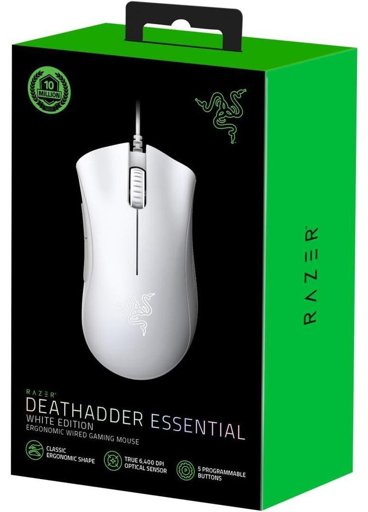 Игровая мышь DeathAdder Essential белая, оптический сенсор 6400 DPI, 5 программируемых кнопок, эргономичный дизайн Razer (354827663)