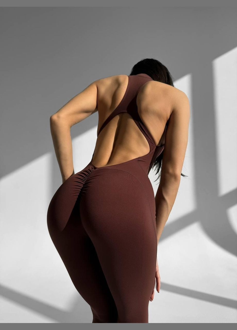 Спортивный комбинезон (длинный) с чашками и пуш-ап шоколадного цвета, размер S Trends комбинезон-брюки однотонный коричневый спортивный