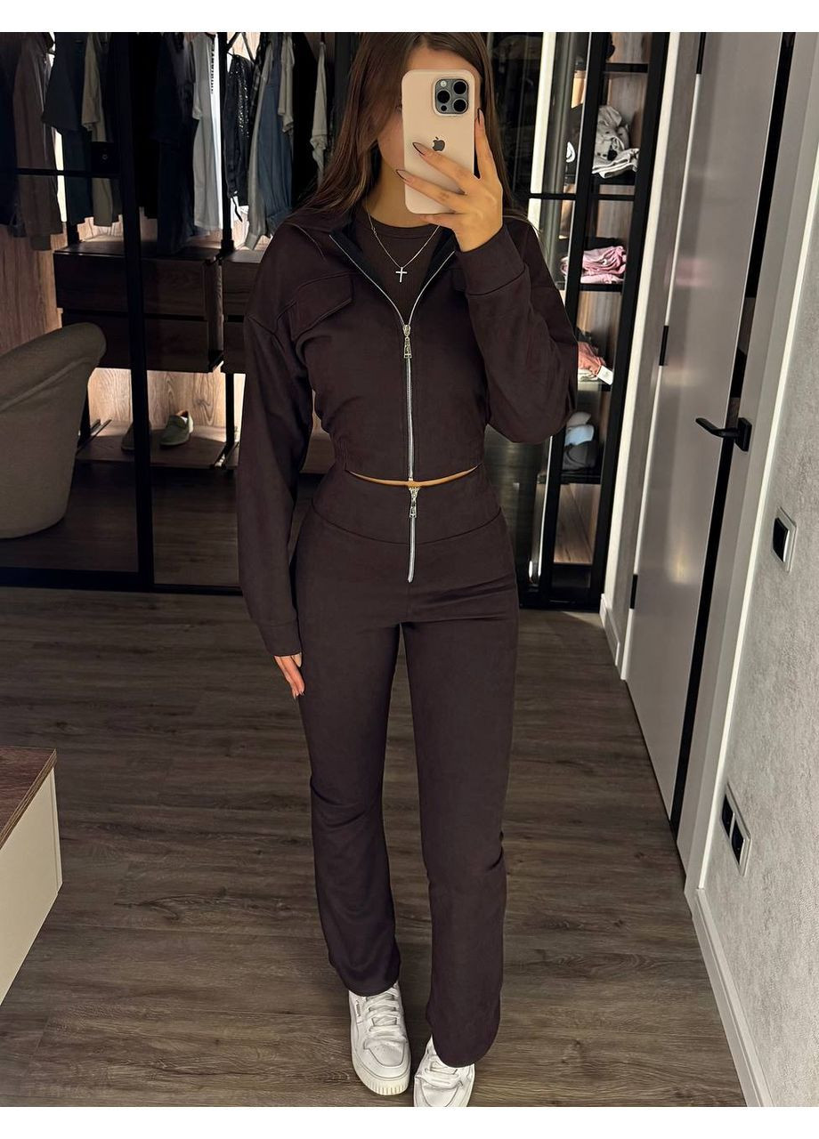 Жіночий замшевий костюм двійка: кофта та штани кльош MonCher (363020932)