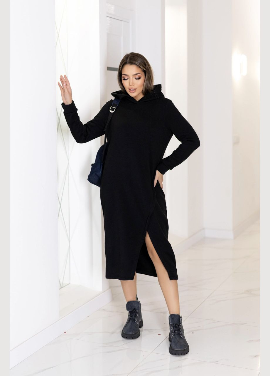 Чорна тепла трикотажна сукня міді з капюшоном Fashion Girl