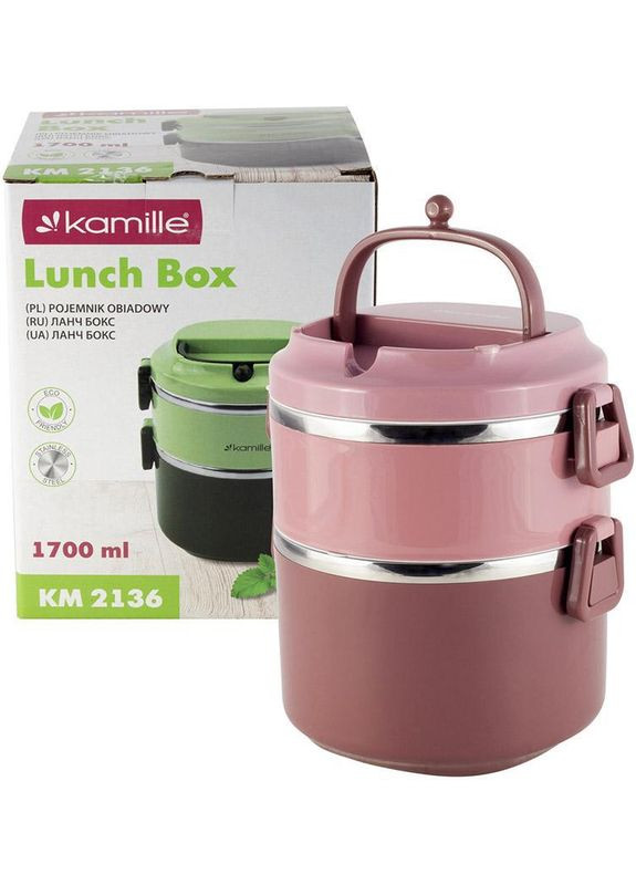 Ланч-бокс Snack 1700мл двухуровневый, пластик и нержавеющая сталь, розовый Kamille (330020402)