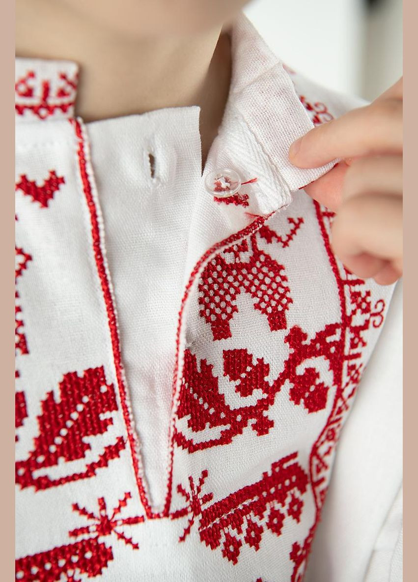Біла вишиванки для хлопчика біла з натурального льону — традиційні орнаменти, машинна якісна вишивка візерунок орнамент льон (322423957)