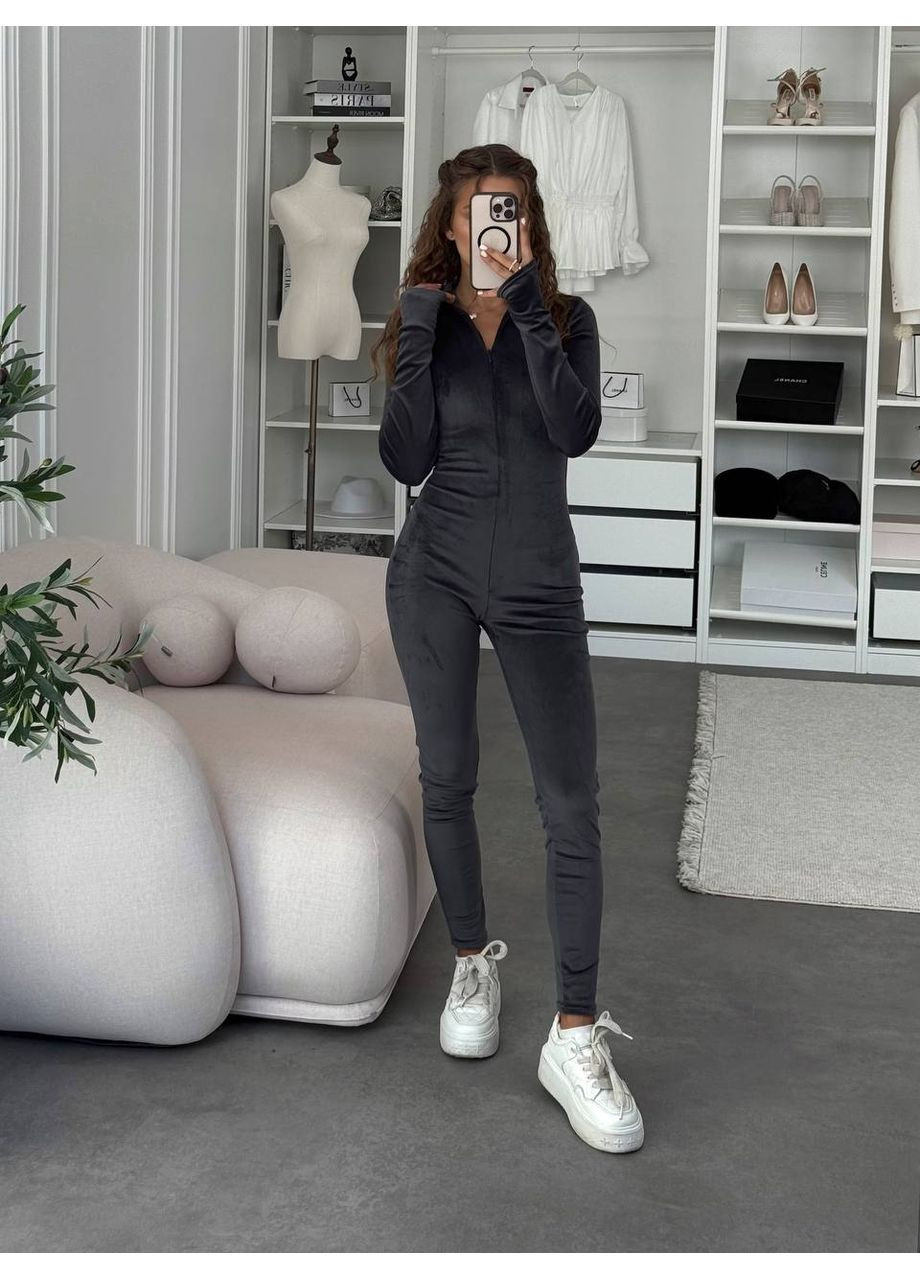 Комбінезон жіночий Україна комбінезон-брюки однотонний графітовий повсякденний велюр