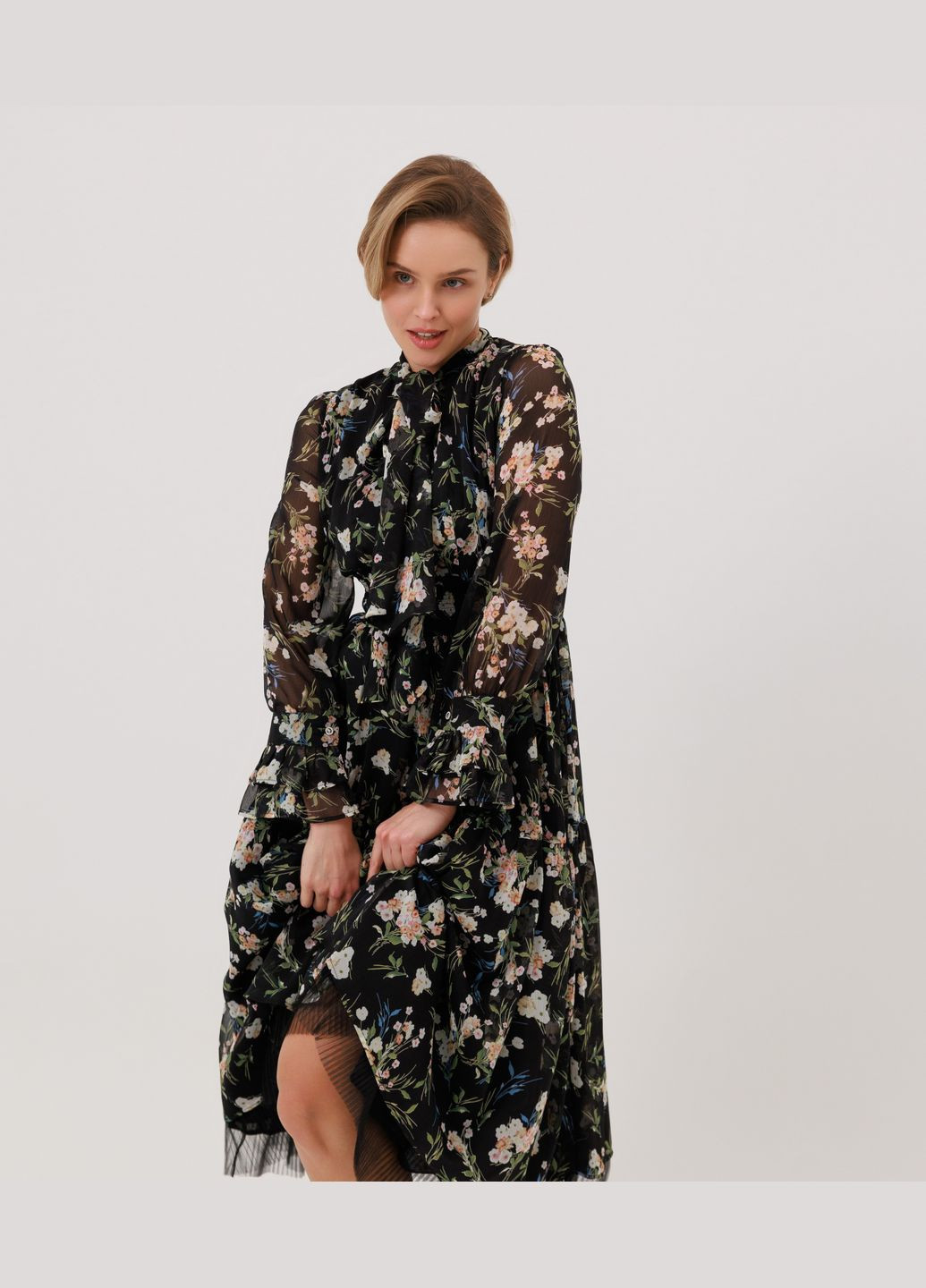 Чорна святковий сукня шифон чорна flora maxi ALNEST з квітковим принтом