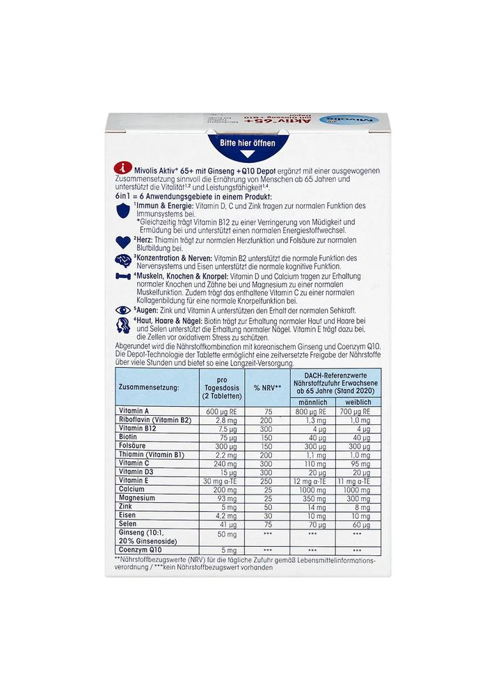 Біологічно активна добавка, комплекс вітамінів Aktiv 65+ mit Ginseng(з женьшенем) + Q10, 60 шт, від DM Mivolis (360655025)