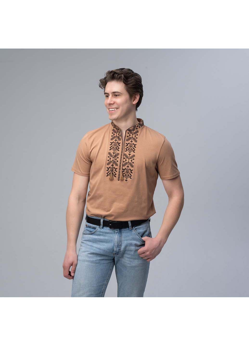Бежева чоловіча вишита футболка Melanika візерунок українська символіка пряма, приталена бавовна, еластан (363318726)