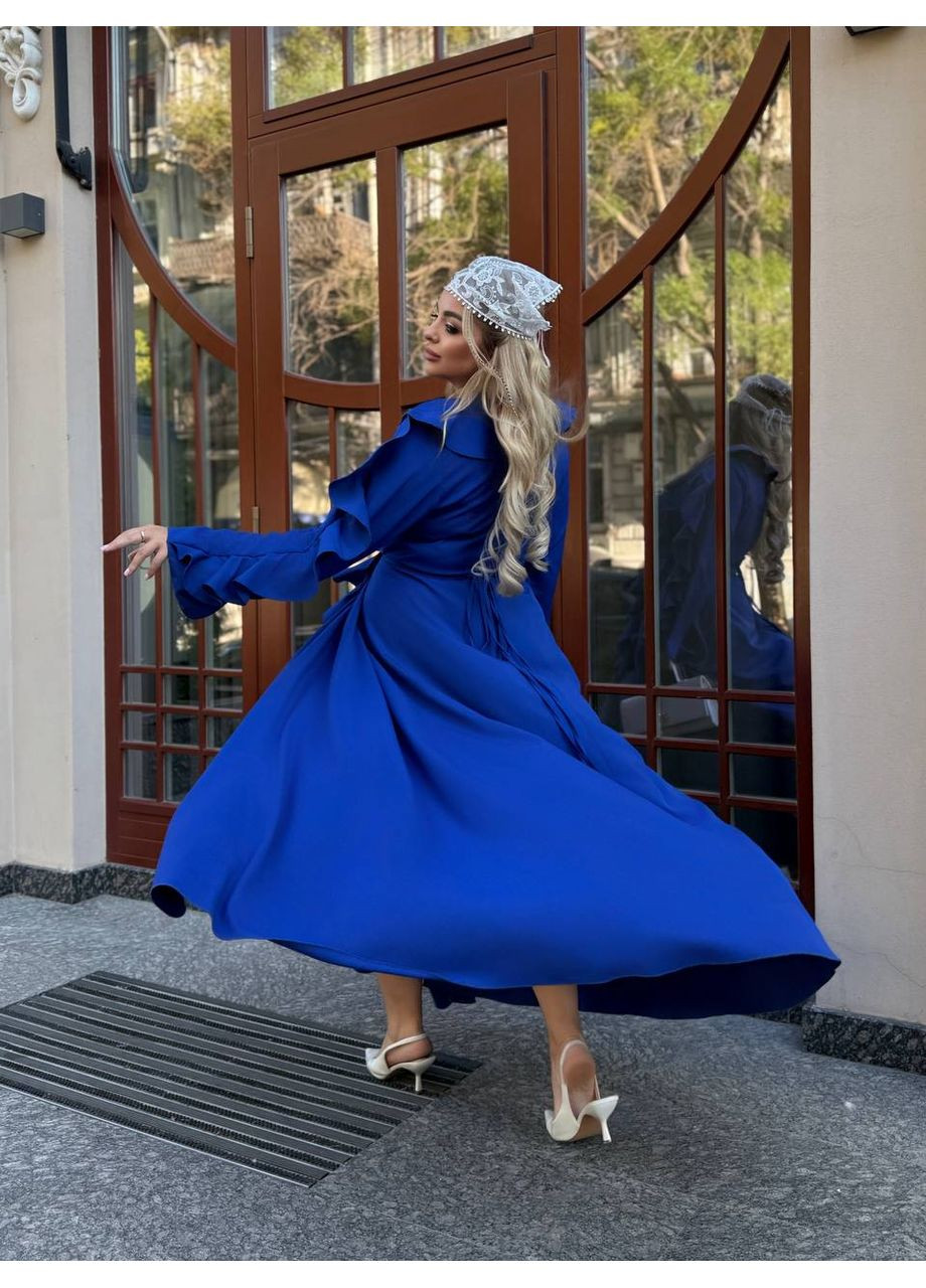 Синее праздничный, коктейльное, вечернее длинное платье с оборками а-силуэт Україна однотонное