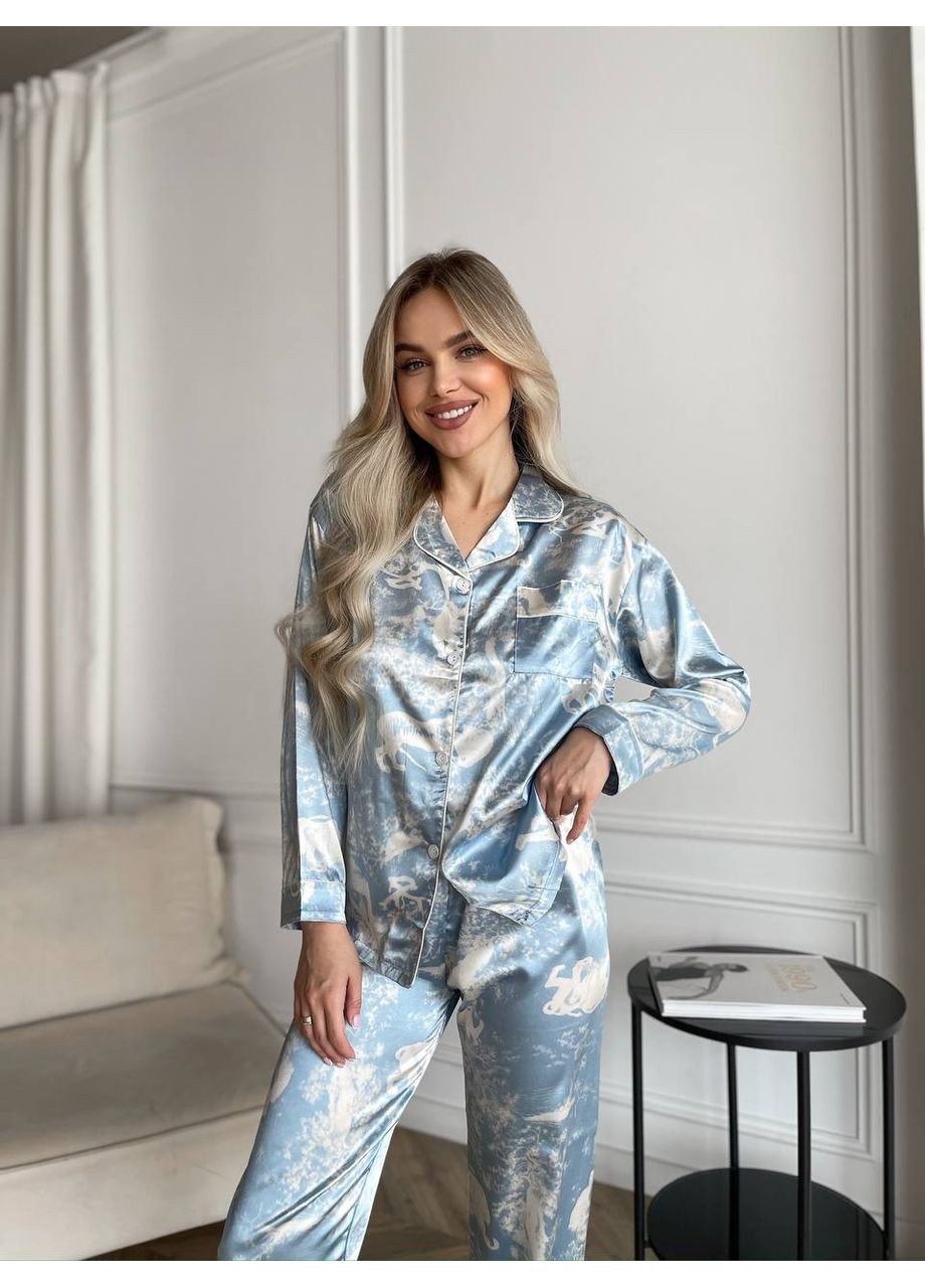 Блакитна всесезон піжама жіноча - домашній костюм штани сорочка сорочка + брюки No Brand