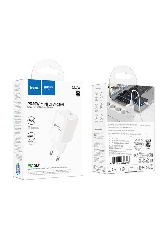 МЗП C148A Charm single port PD30W charger(EU) White Hoco (316455791)