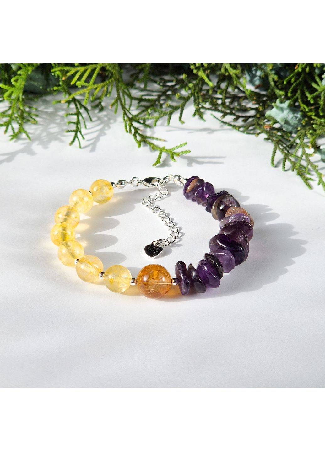 Браслет натуральний Аметист, Цитрин, фур-ра гіп-ний сплав колір срібло d-10-8мм+- L-18-23см No Brand Браслет (362695421)