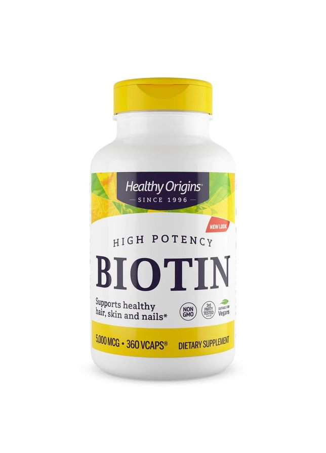 Біотин Biotin 5000 mcg High Potency, 360 вегакапсул для підтримки волосся, шкіри та нігтів Healthy Origins (361035572)