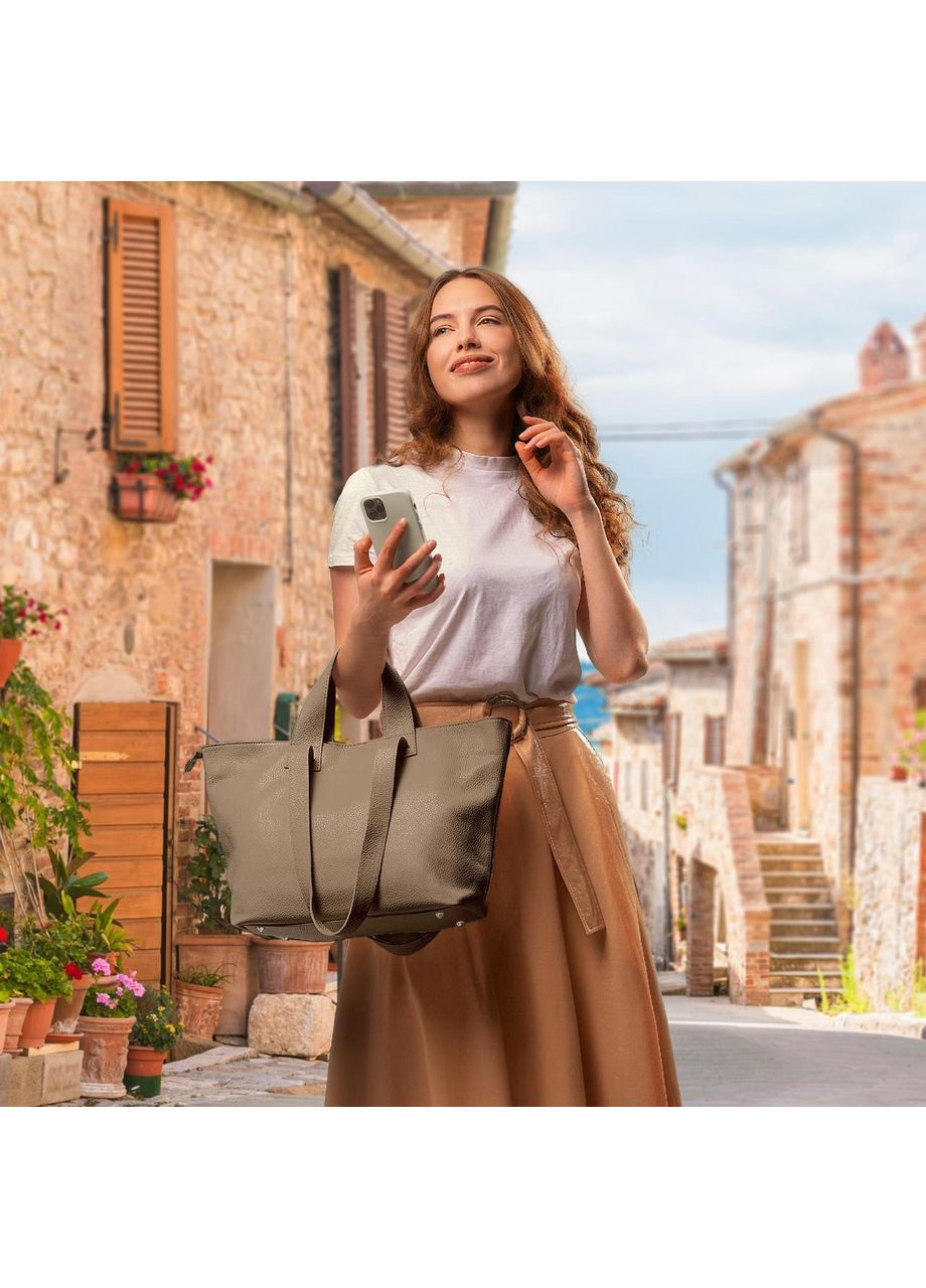 Шопер Тауп - Італійська жіноча м’яка сумка-шопер із натуральної шкіри з двома парами ручок на блискавці з підкладкою TAKEASY (358223238)