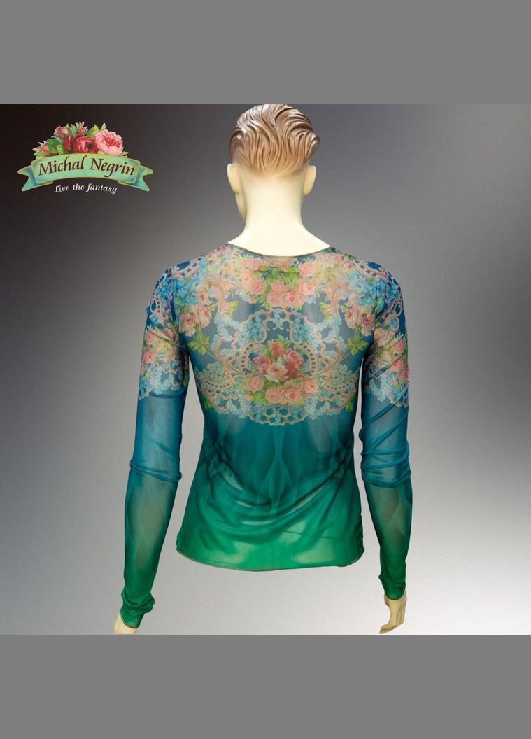 Синяя блуза женская "зеленый водопад" с кристаллами swarovski и цветочным принтом, ручная работа (р-s) Michal Negrin