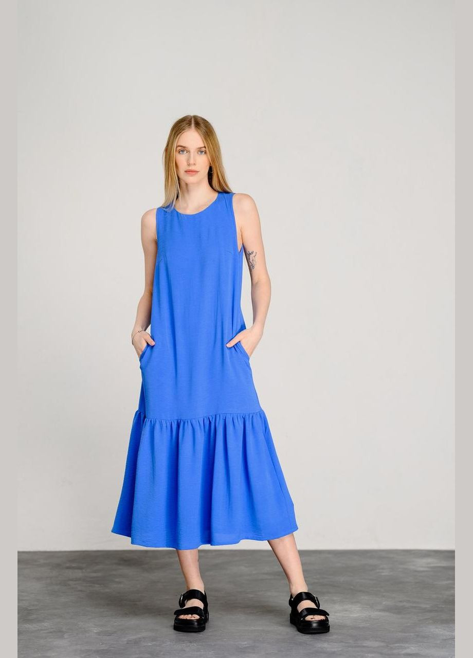 Синее кэжуал платье женское свободное без рукавов миди электрик mkaz6428-3 Modna KAZKA