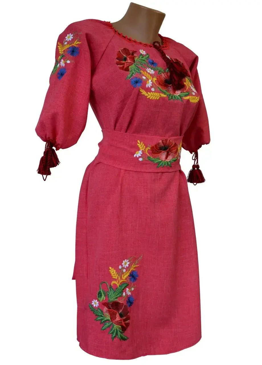 Коралловая льняное платье вышиванка для девочки подростка вышивка гладью family look 146 152 158 164 170 152, красный коралл (368828226)
