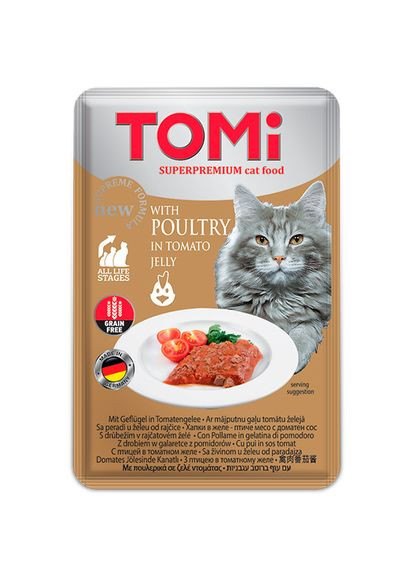 Влажный корм для кошек Птица в томатном желе 100 г (4003024490884) TOMI (276394193)