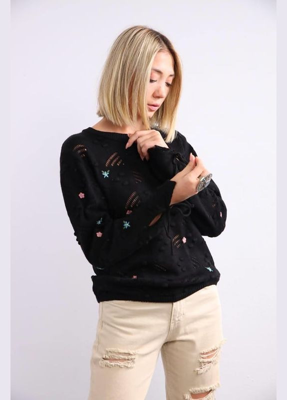 Чорний ажурний вовняний светр з вишивкою і завязками на рукавах чорний You Best