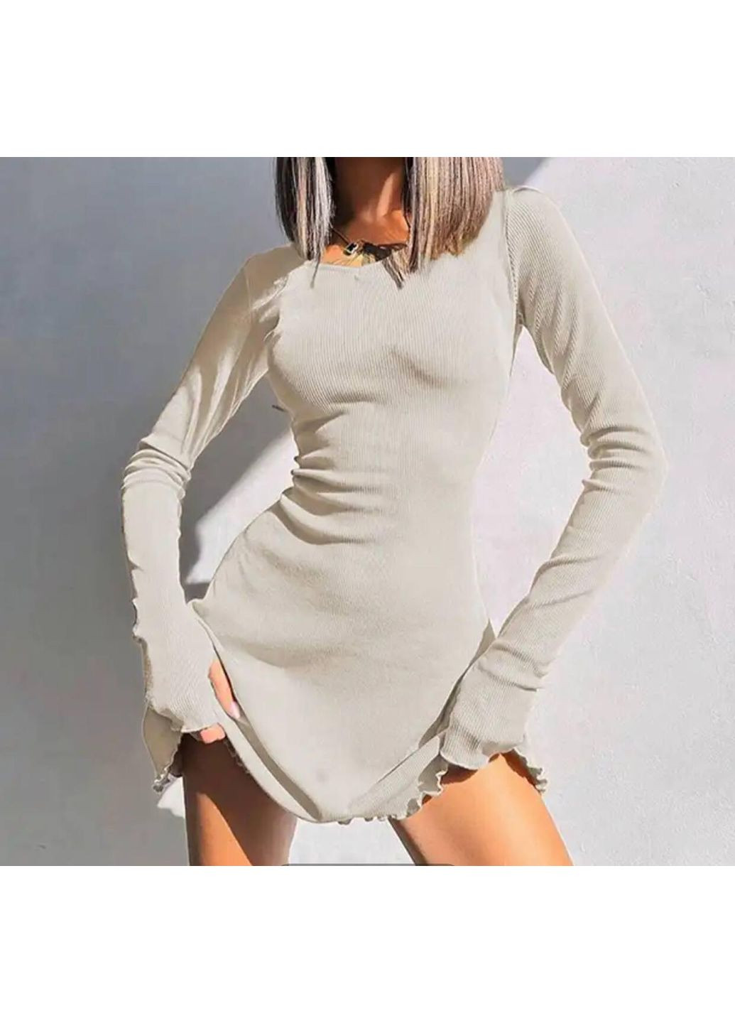 Бежева повсякденний сукня жіноча в рубчик зав'язується на талії м'яка з прорізами на рукавах котортка дзвін No Brand однотонна