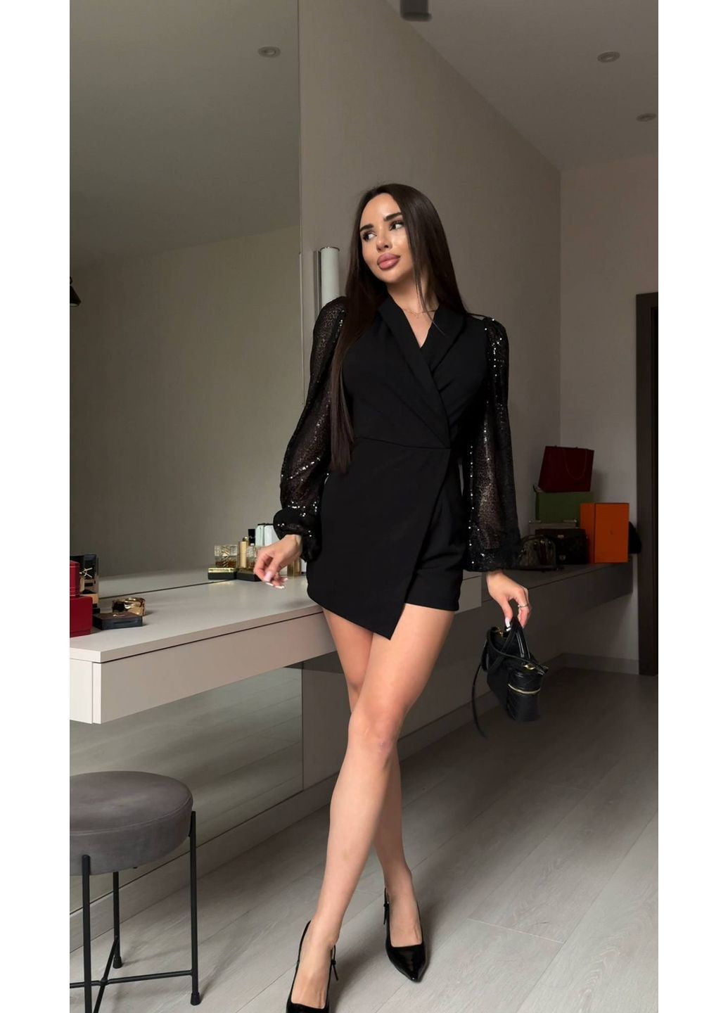 Комбинезон женский елегантный Style Point комбинезон-шорты однотонный чёрный праздничный, кэжуал креп-дайвинг